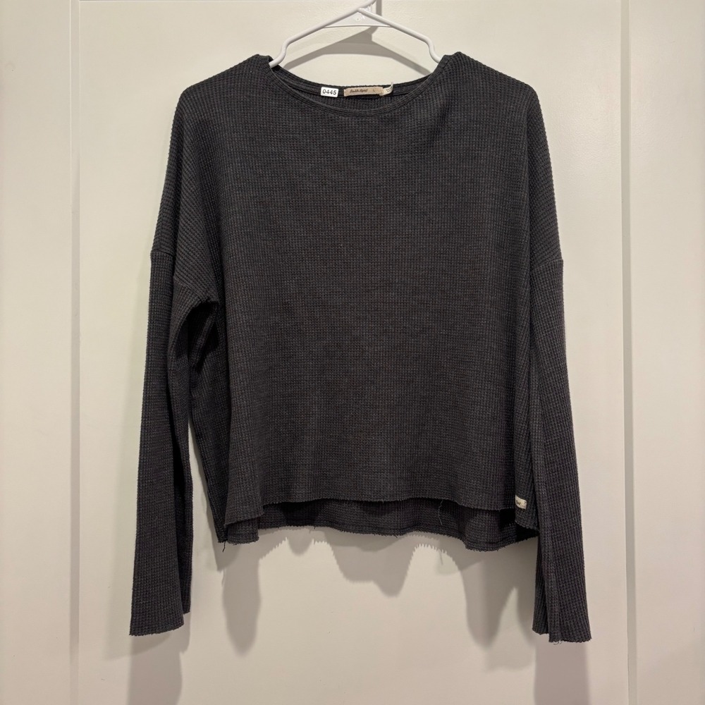 Double Agent Women Charcoal Grey‎ Waffle Knit Thermal Cropped Long Sleeve Top L